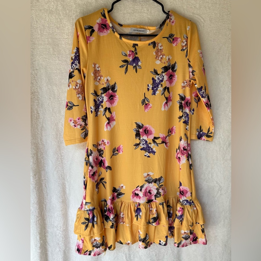 Yellow Floral Ruffle Hem Dress Short Sleeve Boho Casual Size S